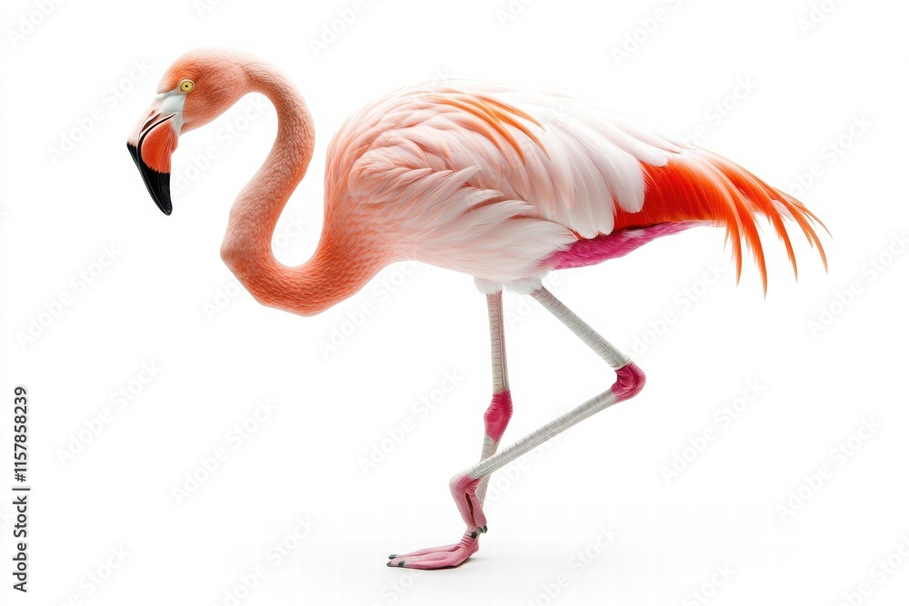 Poster flamingo standing gracefully on one leg with soft colors and ample copy space for personalized text.