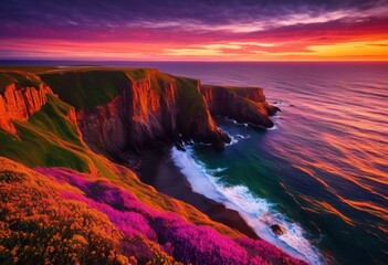 vibrant sea cliffs embracing dramatic sunset skies brilliant hues stunning ocean backdrop, beach, coastline, landscape, sky, horizon, rock, waves, light