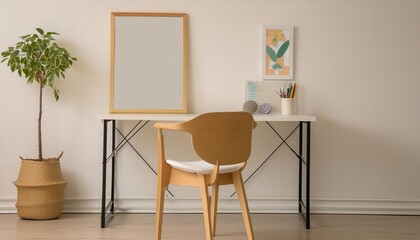 Minimalistic Yet Cozy Interior Design Featuring an Empty Desk with a Chair and a Picture Frame A Perfect Blend of Simplicity and Comfort for Your Workspace