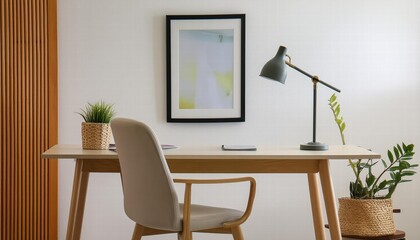 Minimalistic Yet Cozy Interior Design Featuring an Empty Desk with a Chair and a Picture Frame for a Serene Workspace Atmosphere
