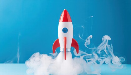 Toy Rocket Launching with Colorful Smoke Against a Blue Background A Symbol of Success and Innovation in Startup Education and Creative Learning for Kids and Entrepreneurs