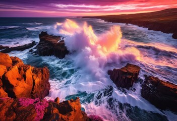 Naklejka premium dynamic coastal waves crashing rugged cliffs creating spectacular ocean views bold seascapes under vibrant sky, beach, coastline, surf, shore, shoreline