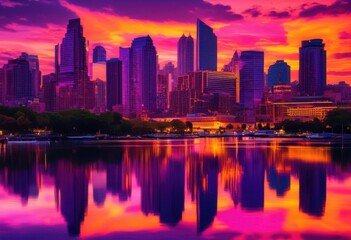 Fototapeta premium vibrant city skyline reflected calm waters showcasing stunning architectural designs dramatic color transitions sunset, architecture, buildings, urban