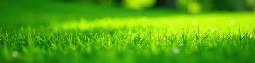 Fototapeta premium a close-up shot of a well-manicured green lawn with a subtle hint of sunlight filtering through, natural fibers, green lawn