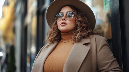 A woman with wavy brown hair, wearing a tan turtleneck sweater, beige coat, and beige hat, posing for a photo.