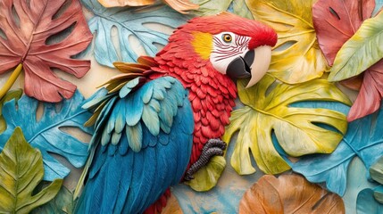 Obraz premium A vibrant macaw perched against a colorful leaf backdrop, showcasing nature's beauty.