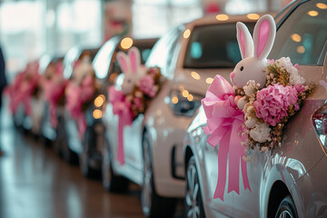 Cars decorated with festive bunny accessories and floral arrangements during an Easter celebration event in a dealership