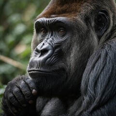 Obraz premium A gorilla sitting with a thoughtful expression.