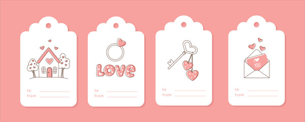 Set of Valentine's Day Gift Tags templates with designs featuring with a picture of a lovers' cottage, a ring, a key with hearts and an envelope with a declaration of love. This pink concept is