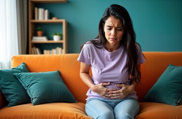 Young woman sits on sofa experiencing stomach ache. Holds belly. Painful menstrual cramps. Home setting. Indoor shot. Female suffering. Possible period discomfort. Possible digestive issues. Woman