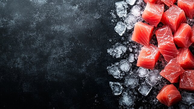 Fresh salmon pieces and ice cubes on a dark grey background.