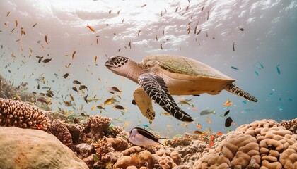 A Vibrant Underwater Scene Featuring a Majestic Turtle Surrounded by Colorful Fish and Diverse Sea Animals Amidst Lush Coral Reefs in the Deep Blue Ocean