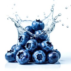 Blueberries submerged in a dynamic water burst, isolated on white, macro, healthy eating, closeup