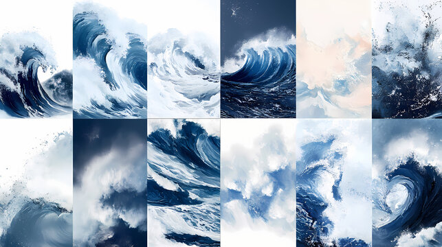 The images portray the beauty and power of water waves, each showing unique forms and movements. Thalassic. Illustration