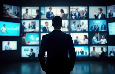 Businessman views multiple screens displaying various business meetings, presentations. Modern tech, virtual communication concept. Many people seen on displays. Corporate interaction, tech driven