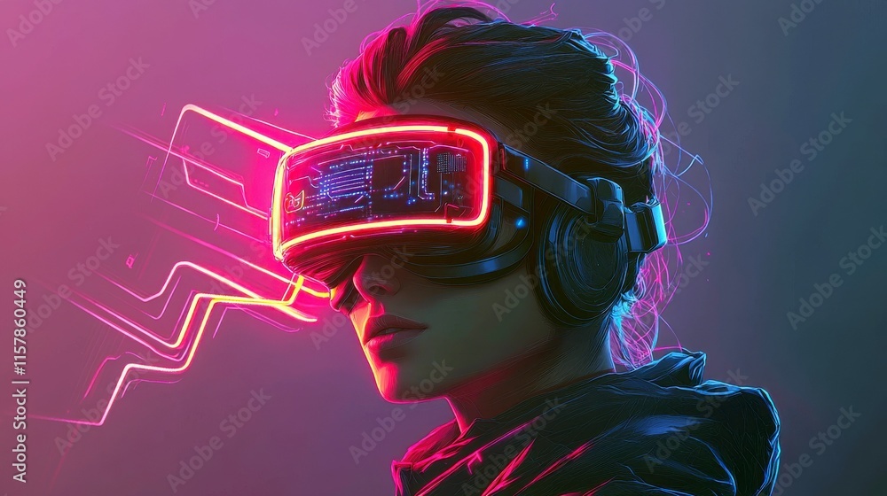 Poster futuristic woman using virtual reality headset in neon lighting with visually dynamic graphics and i