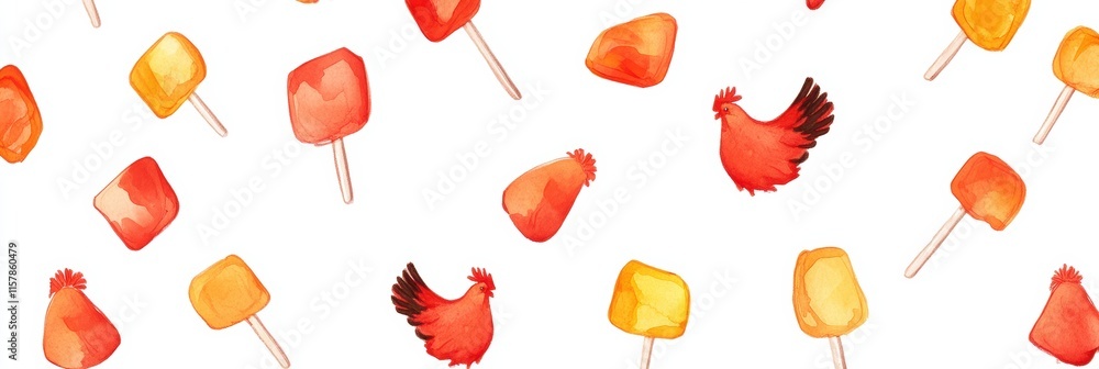 Poster Vibrant rooster shaped lollipops in a playful design with copy space for text and mock up opportunities. Generative AI