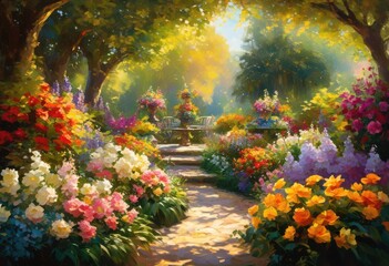 vibrant flower arrangements lush garden setting lush greenery colorful blossoms, backdrop, backyard, beauty, bloom, botanical, bouquet, bud, bush