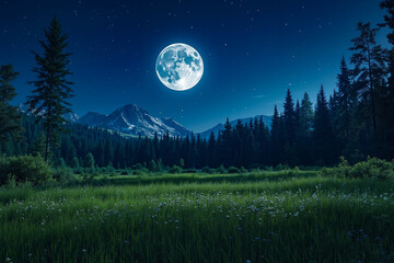 Naklejka premium A full moon rises over a grassy field with trees and mountains in the background