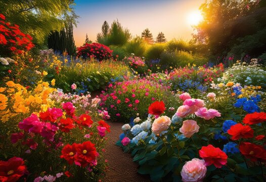 lush vibrant color palette seasonal flowers beautiful gardens displaying blue petals full bloom, tulip, rose, daisy, lily, sunflower, chrysanthemum, blossom