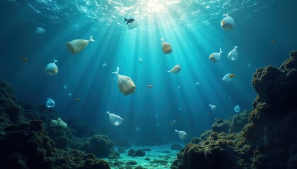 Fototapeta premium Ocean floor landscape polluted by plastic bags. Bags float amidst sea creatures. Rubbish harms marine life. Pollution threatens underwater ecosystem. Ocean eco crisis. Ocean polluted by plastic