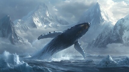 Fototapeta premium A humpback whale breaches through icy waters near snow-capped mountains.