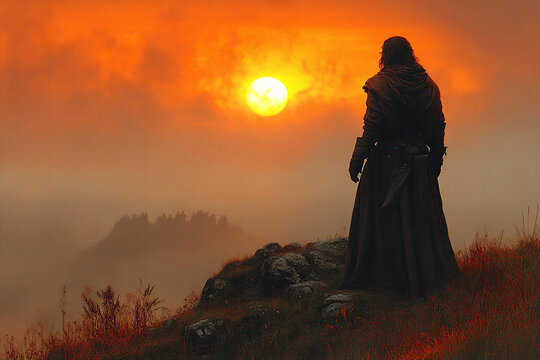 Gideon Stands in the Dawn Light Amidst Swirling Mist, Poised for Divine Encounters in a Biblical Landscape
