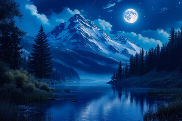 A full moon rises over a mountain lake in the middle of a forest