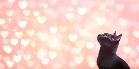 Black cat with heart bokeh background in soft pink light