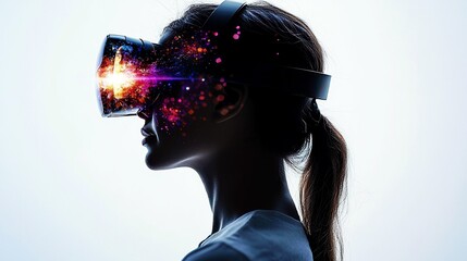 Woman immersed in virtual reality experience with vivid colors and cosmic effects, showcasing technology and imagination in modern digital world