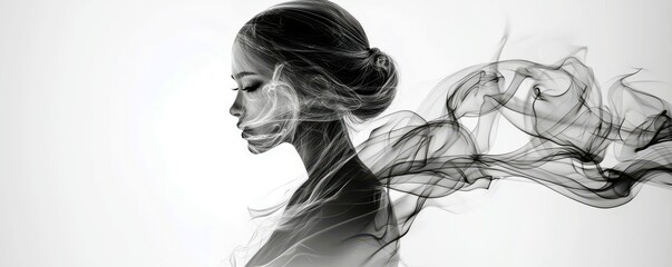 Fototapeta premium Ethereal Portrait of a Woman Illustrated with Abstract Smoke Lines Capturing the Essence of Beauty and Grace in a Minimalist Style