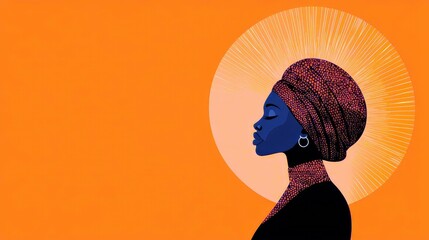 Profile of an Elegant Woman with Traditional Headwrap Against a Vibrant Orange Background Highlighting Cultural Heritage and Beauty