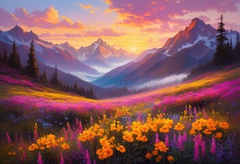 Obraz premium breathtaking scenic view majestic mountain ranges bathed soft dawn light highlighting exquisite natural beauty vibrant colors, altitude, backdrop, valley