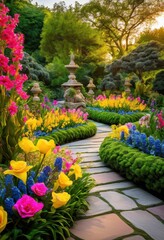 Fototapeta premium beautiful colorful flower arrangements showcased modern garden settings lush greenery attractive designs, bouquet, botanical, bloom, decoration, exhibition