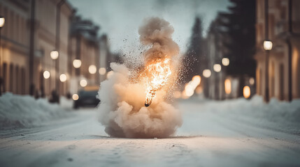 Molotov cocktail ignites mid-air above snowy street, creating explosion at dusk