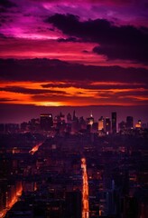 Fototapeta premium stunning city skyline sunset silhouetted landmarks creating vivid contrast colors shapes evening sky, aerial, architecture, art, background, beauty, breathtaking