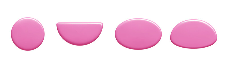 Text box banner collection featuring glossy pink shapes - circular, semicircular, oval, rounded elements. Vector 3d badges with shiny surface perfect for website buttons or label design.