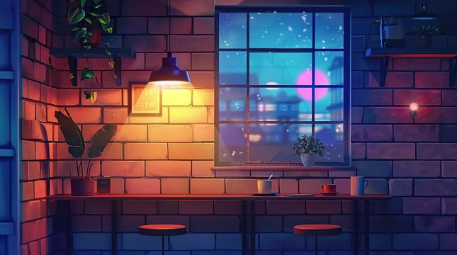 Cozy minibar with glowing lamp by a window at night, creating a warm and intimate ambiance  
Seamless looping 4k time-lapse virtual video animation Generated AI