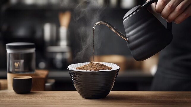 Pouring hot water over coffee grounds in a black ceramic bowl.