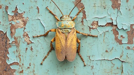 A close-up photograph of an insect with yellow and brown wings and legs.
