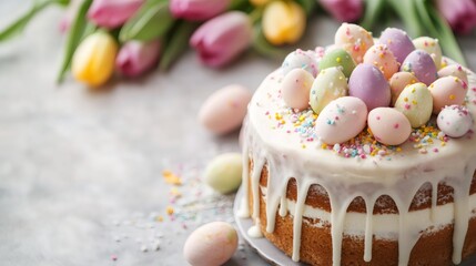 seasonal baking inspiration, easter cake with pastel icing and edible decorations, next to fresh tulips