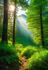 vibrant forests surrounded misty mountains under radiant sunlight lush greenery spectacle, aerial, backcountry, beauty, beautiful, canopy, color, colors