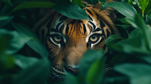 tiger hiding in dark green foliage.