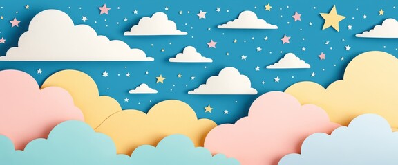 Whimsical cloudscape with stars in a colorful sky