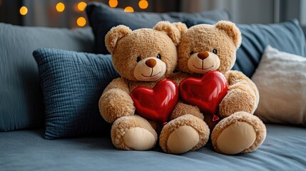 Two adorable teddy bears holding red hearts on a cozy sofa. The 14th of February. Happy Valentine's Day