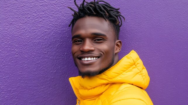 colorful portrait, man in yellow jacket smiles brightly against purple wall, showcasing striking color contrast in close-up shot
