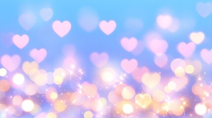 Soft pink and purple heart bokeh lights on a blue background