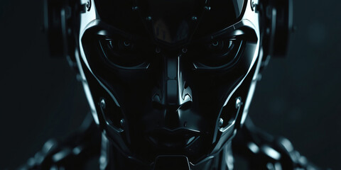 Dark Metallic Robot Close-up:  A Futuristic android with intense gaze,  cyberpunk aesthetic.