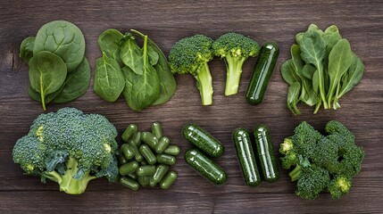 vitamin A sources, vitamin A capsules with spinach, kale, and broccoli on a wooden table, highlighting their rich natural sources of the vitamin