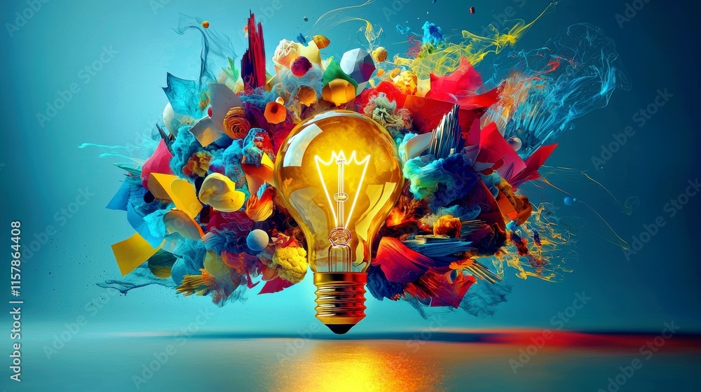 Poster vibrant abstract explosion with a light bulb surrounded by colorful shapes and energetic swirls in a